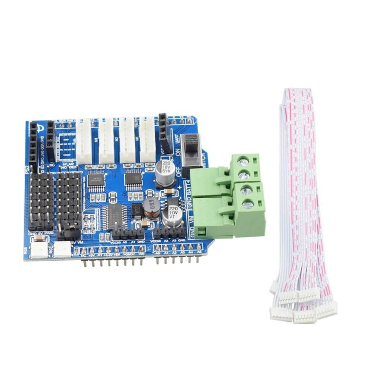 Angled view of the 4-Channel Motor Driver Shield next to a white ribbon cable, showcasing its connectors.
