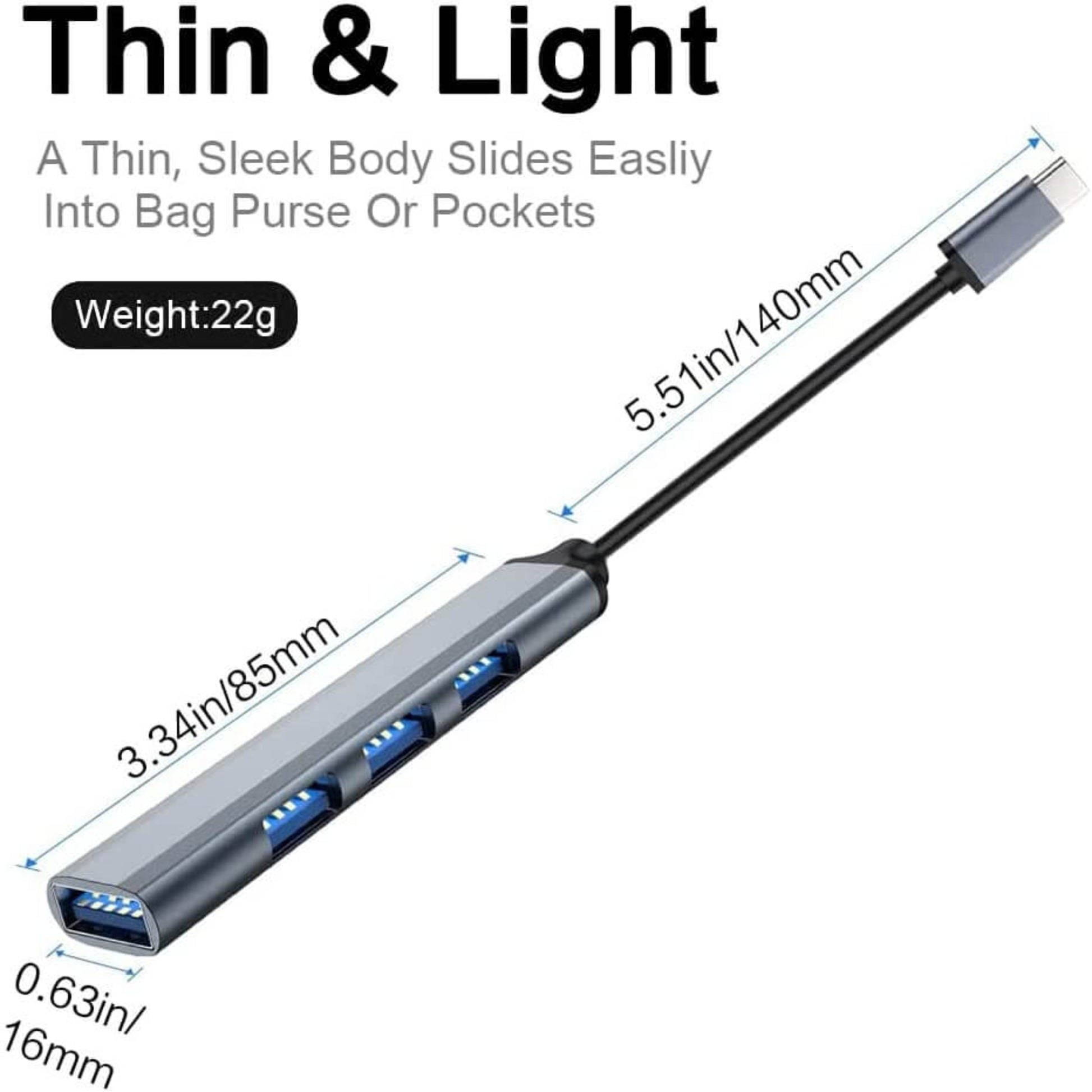 USB 3.0 4-port hub featuring a thin, lightweight design and extended cable for easy portability.
