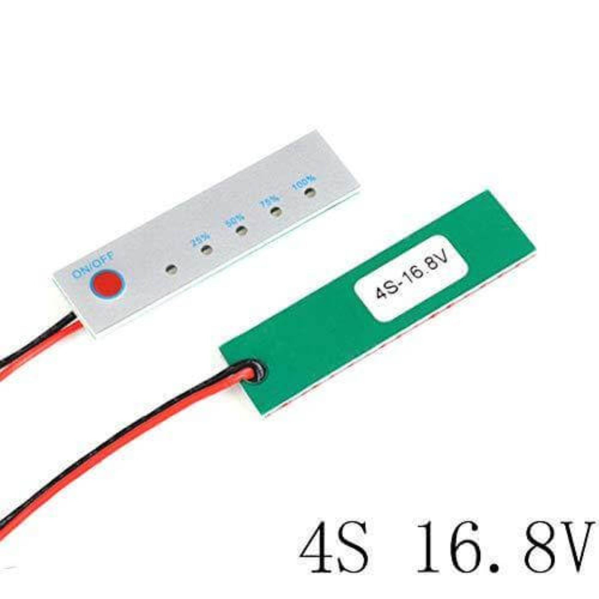 4S 16.8V 18650 lithium battery capacity indicator with LED power level display and on/off switch.
