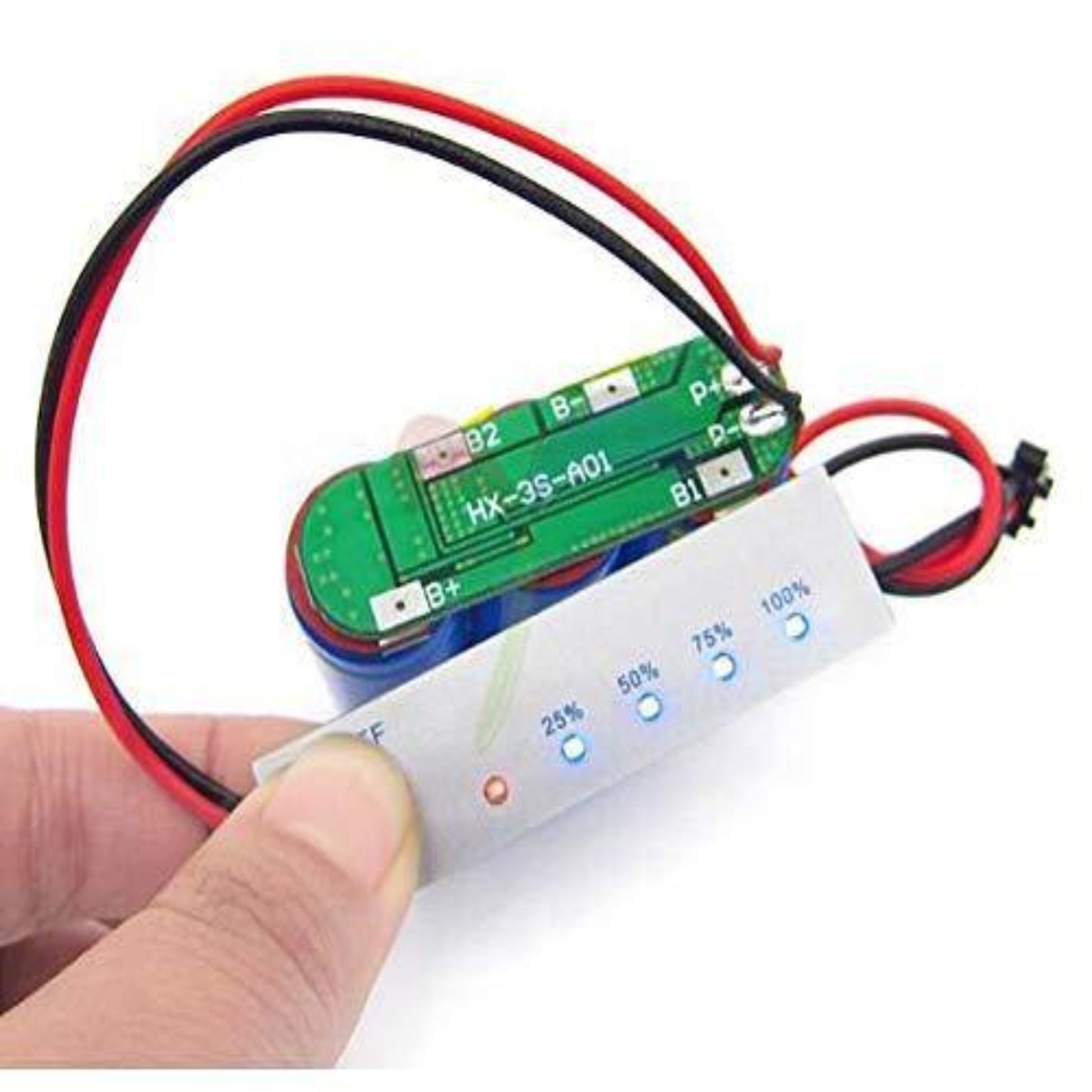 4S 16.8V 18650 lithium battery capacity indicator showing LED power levels with cables.