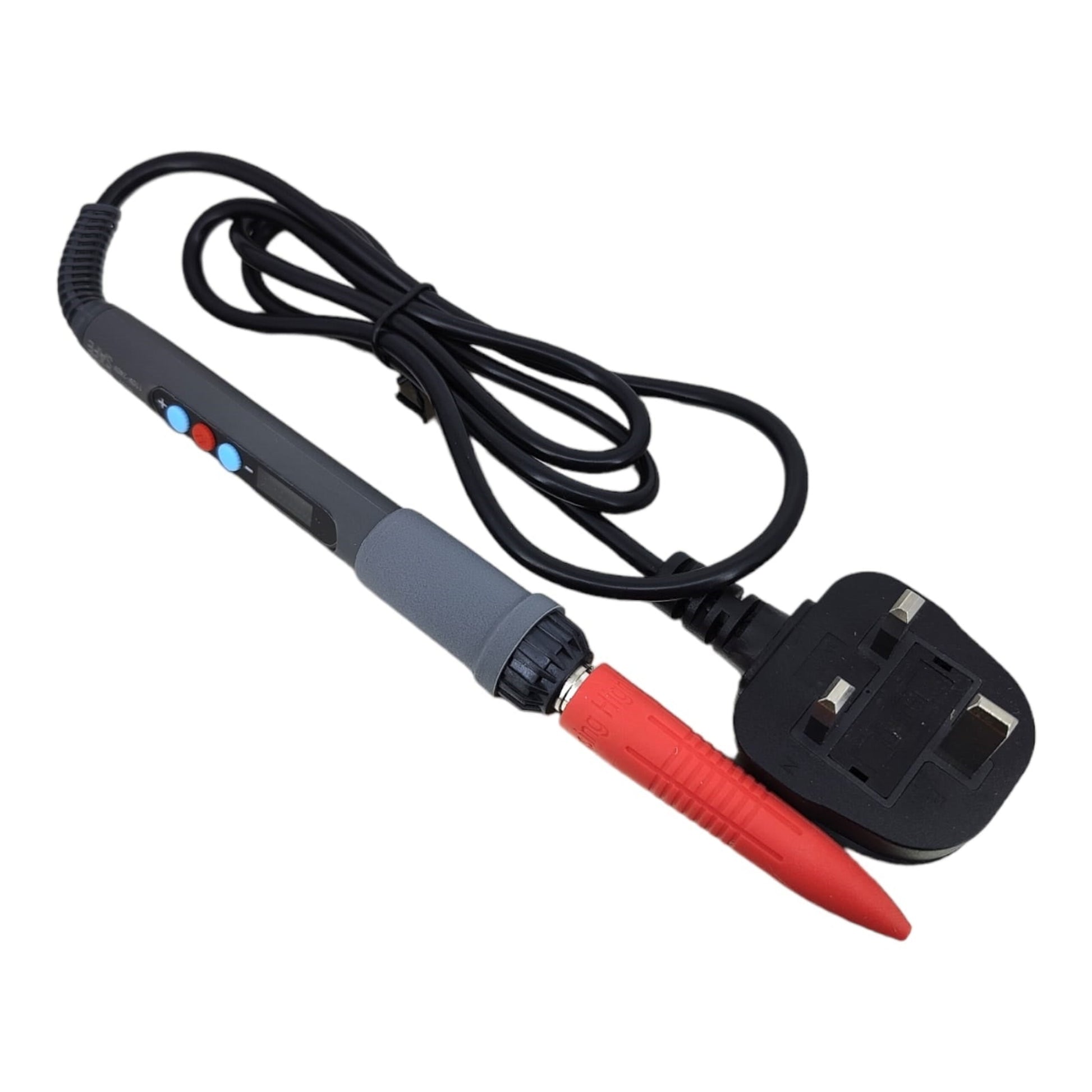 60W LCD digital soldering iron with adjustable temperature, featuring clear display and dual plugs.