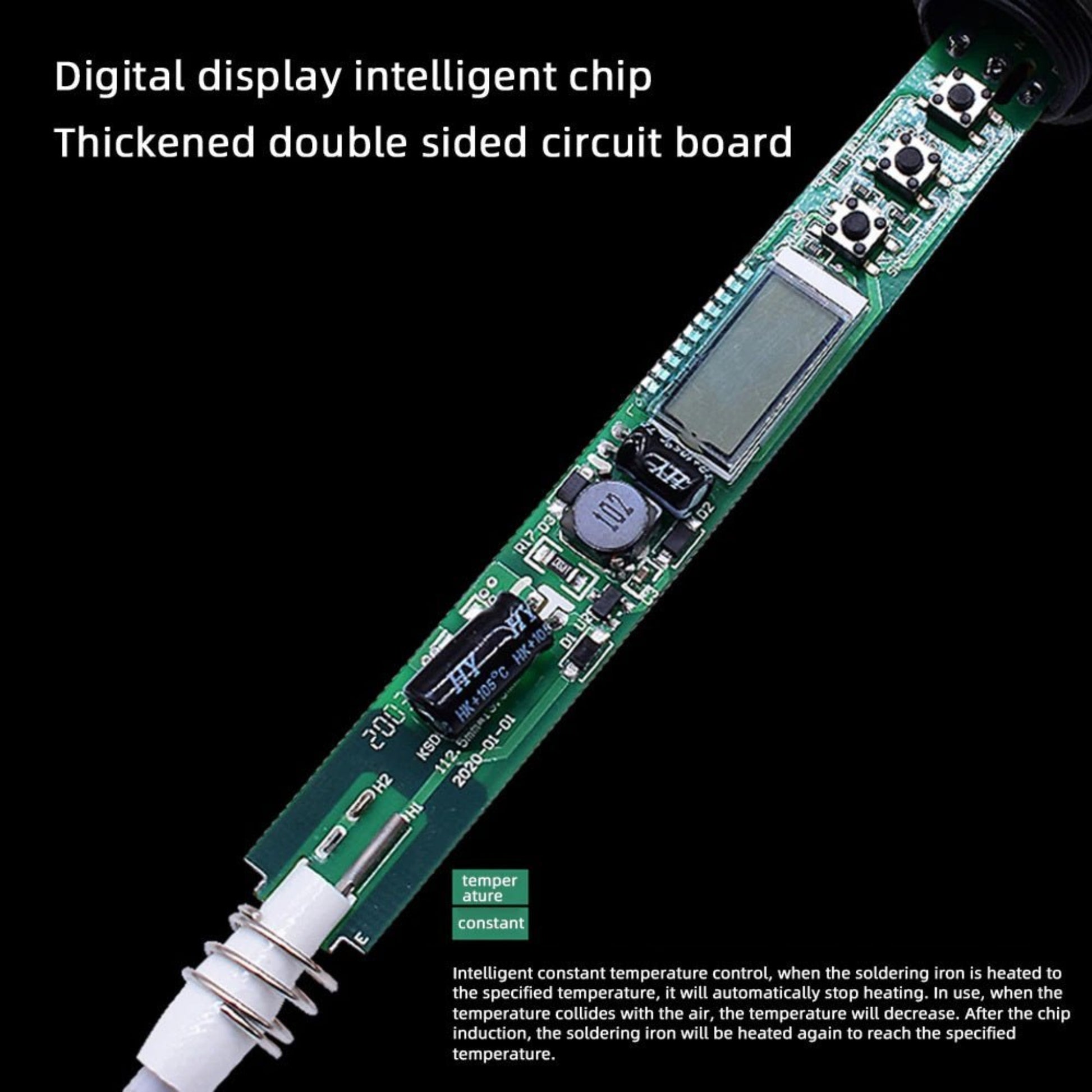 Close-up of digital display and circuit board of 60W LCD soldering iron with intelligent chip design.