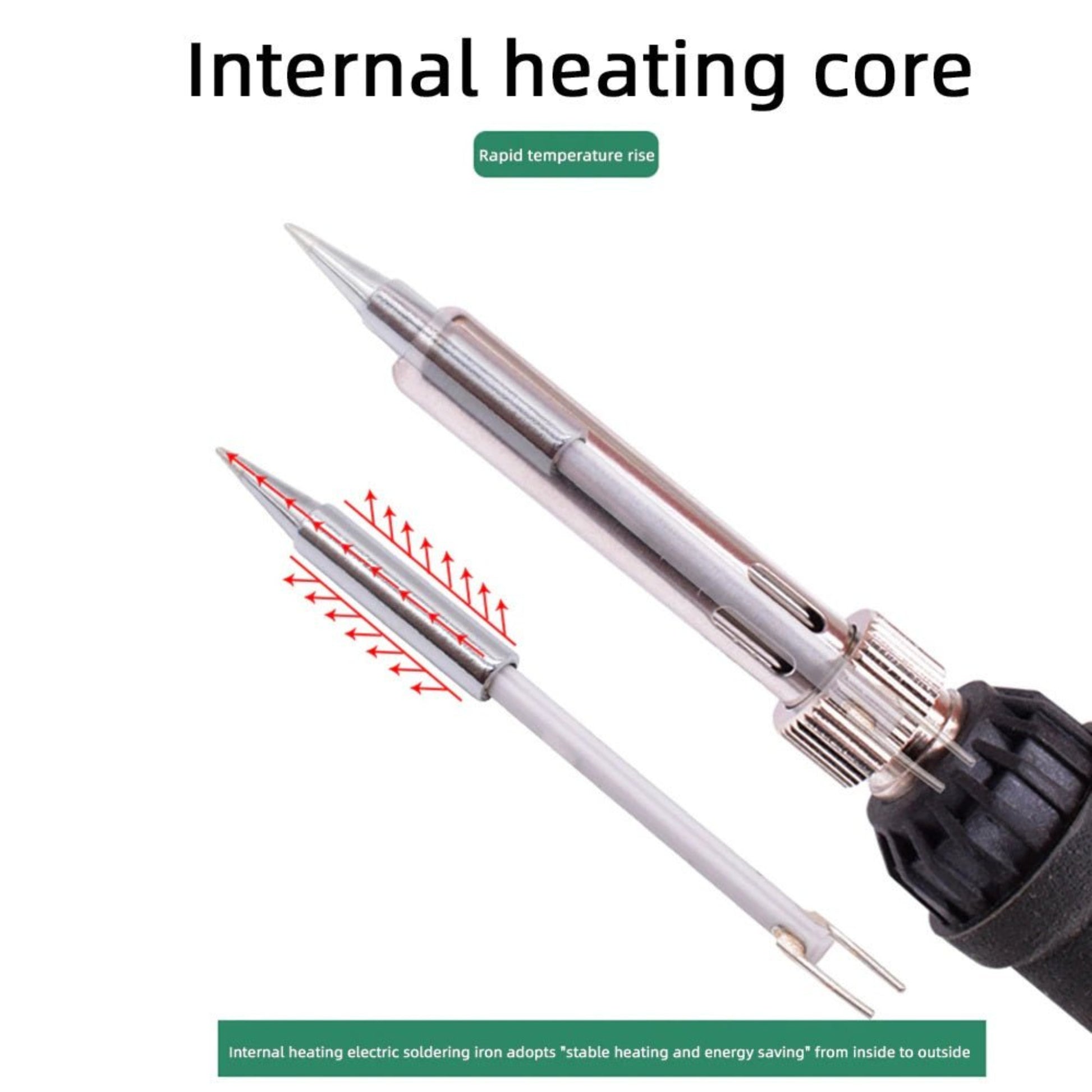 Close-up of the internal heating core of a soldering iron showcasing rapid temperature rise and energy efficiency.