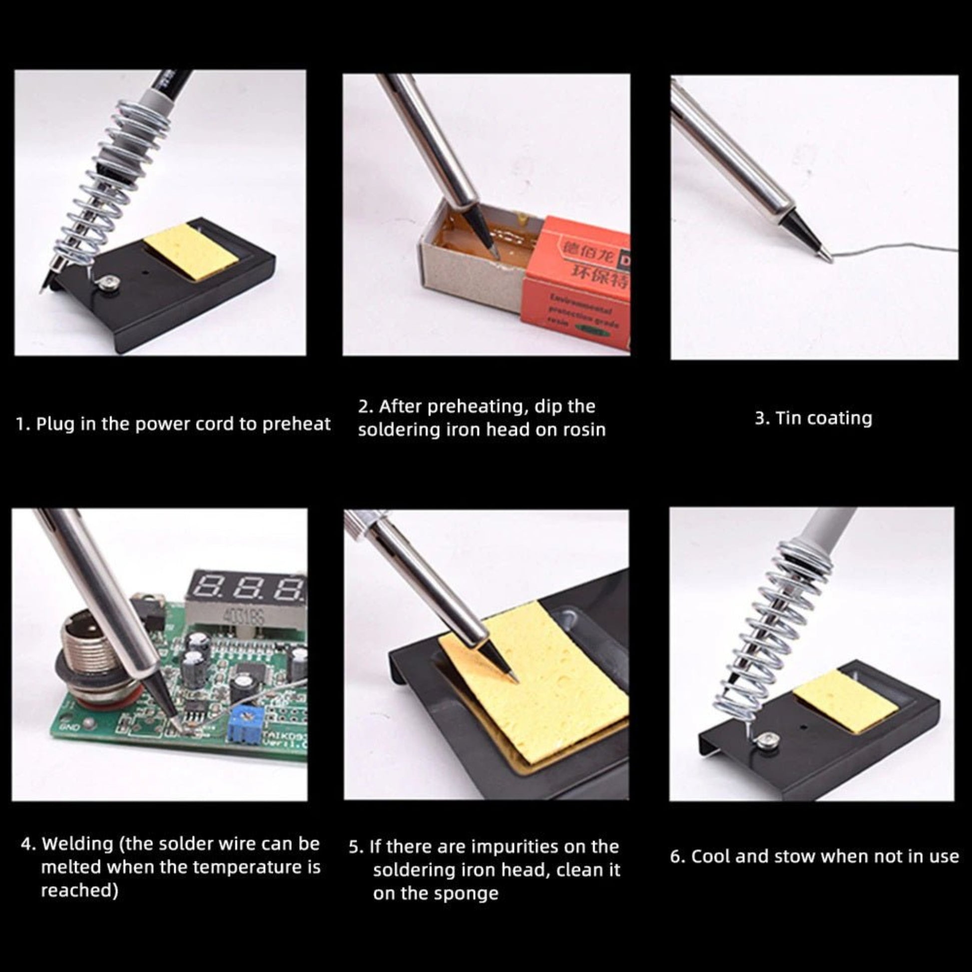 Instructions for using the 60W LCD Digital Soldering Iron with images for each step.