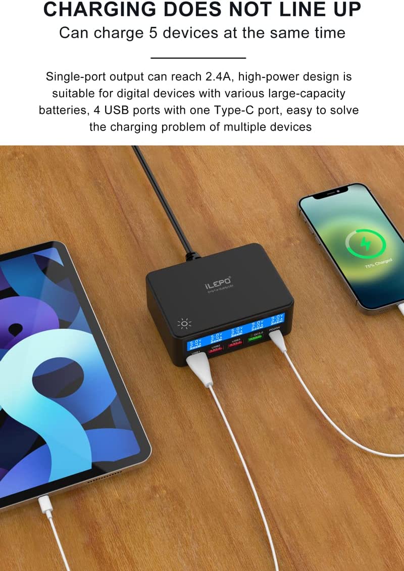 60w 5 Port USB Charger with LCD Display