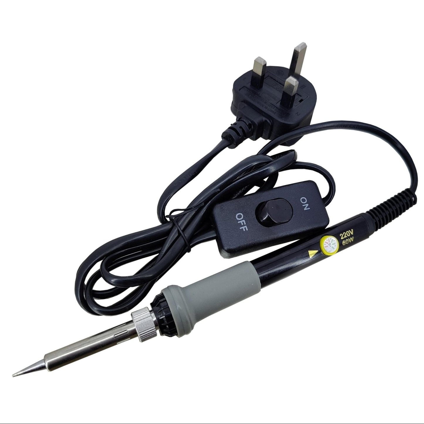60W adjustable temperature soldering iron with UK plug and ON/OFF switch for precision welding and repair tasks.