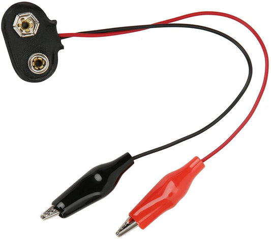 9V battery snap connector with crocodile clip cable, 15cm length for DIY electronics and testing circuits.