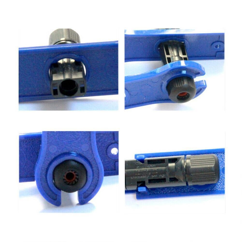 Close-up of blue ABS plastic MC4 spanner tool for solar panel connectors, showing detailed angles and functionality.