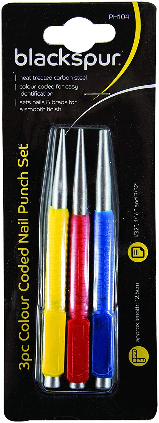 PH104 3pc Colour Coded Nail Punch Set with yellow, red, and blue punches in blister packaging for easy identification.