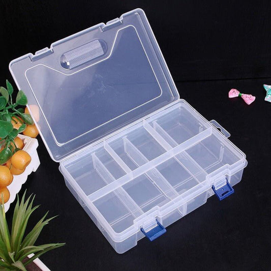 Double-layer clear plastic storage box with 8 grids for organizing small parts and jewelry.