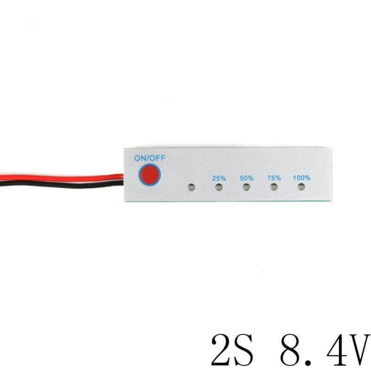Close-up of an 8.4V Li-ion battery level display, clearly showing 25%-100% indicators and ON/OFF button.