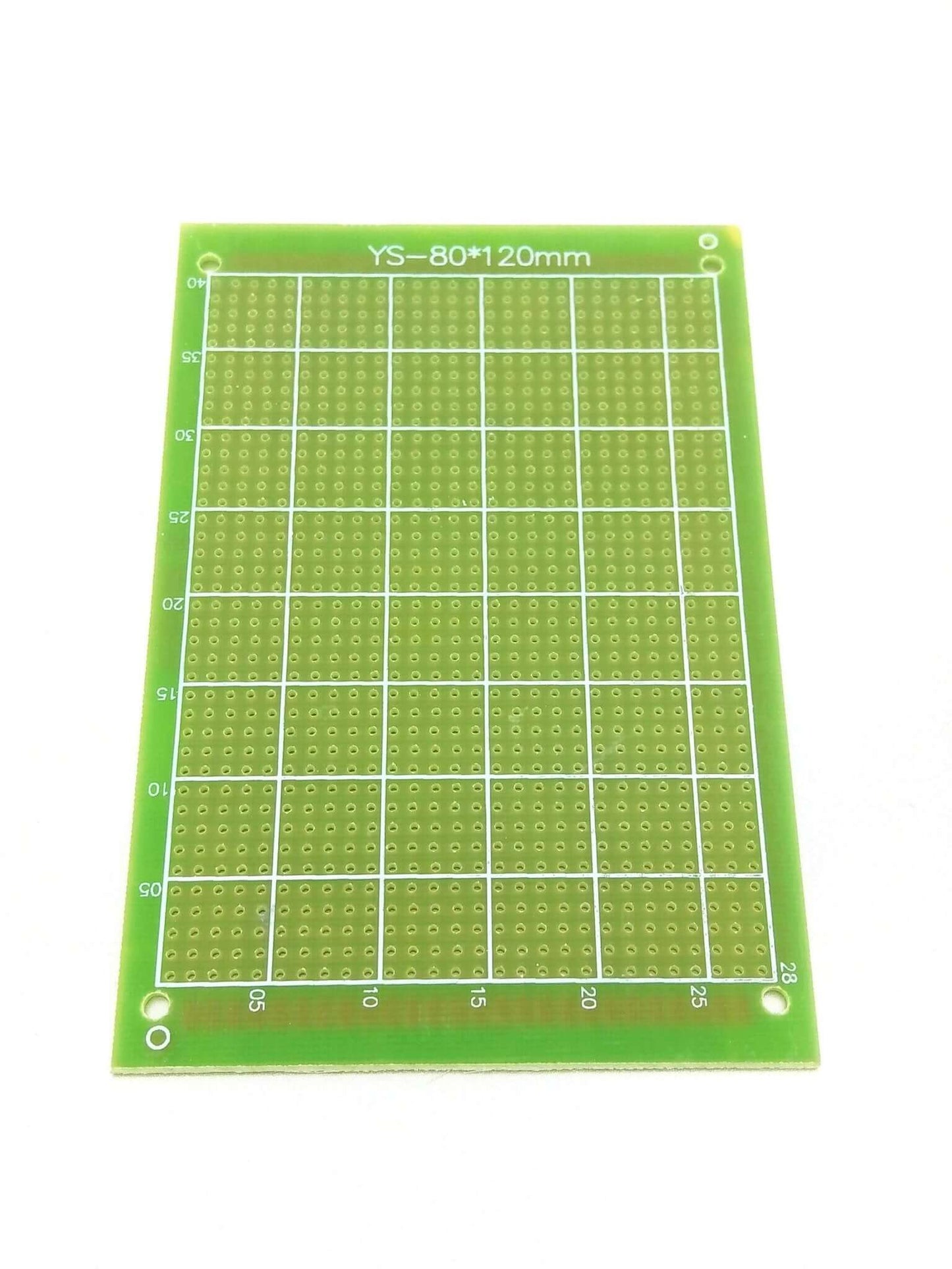 Single-sided green prototype PCB board measuring 80x120mm for electronics and soldering projects.