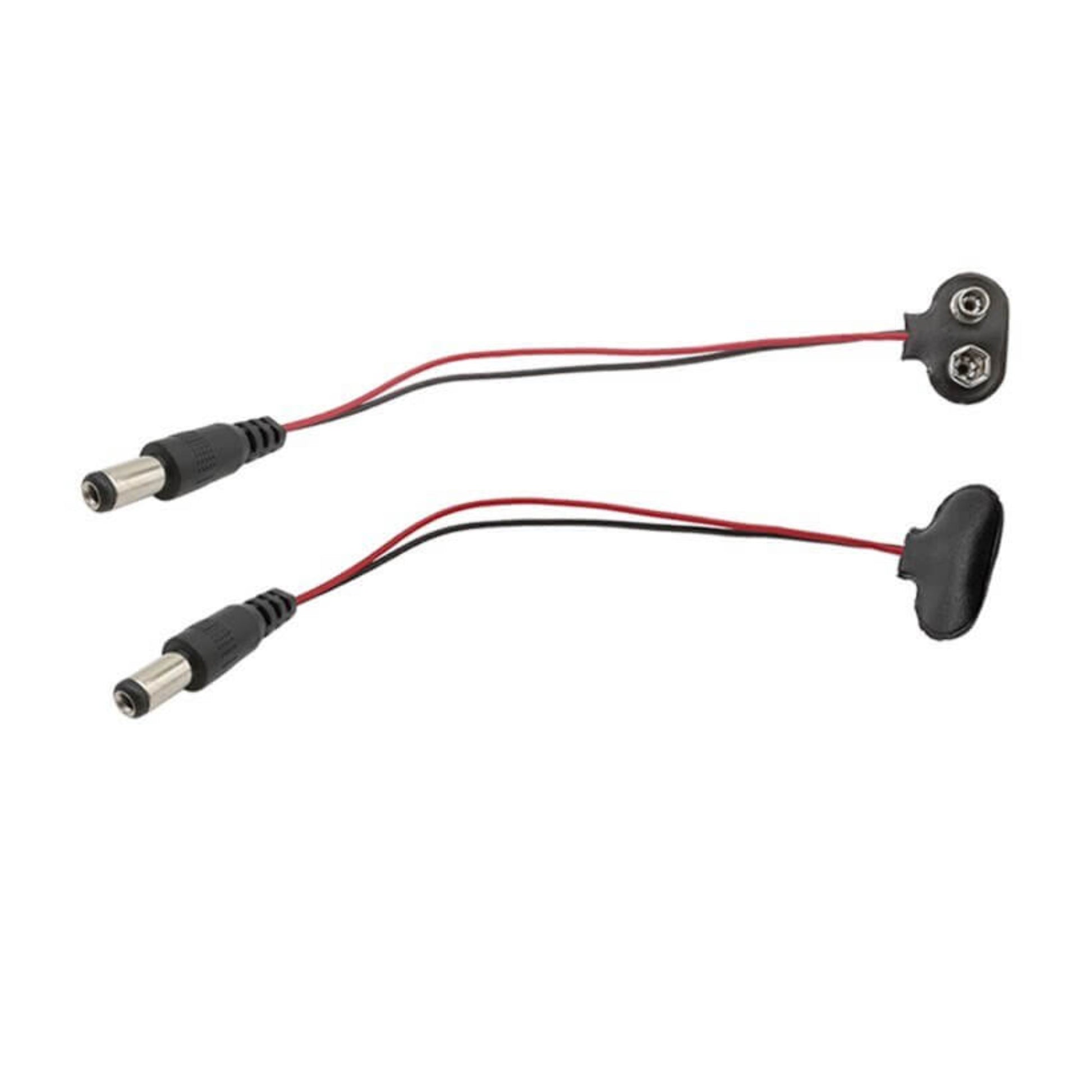 9V battery clip to 2.1mm DC connector cable with two ends for easy electronic project integration.