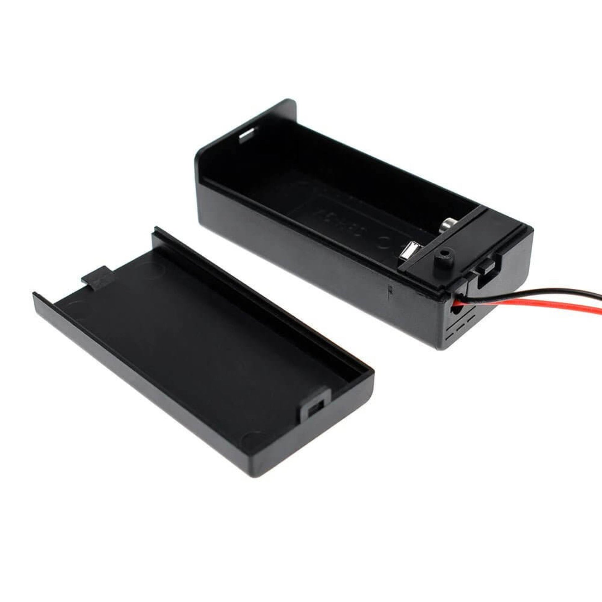 9V battery holder with switch, black power bank case, size 6.6x3.2x2cm, includes removable lid and attached wires.