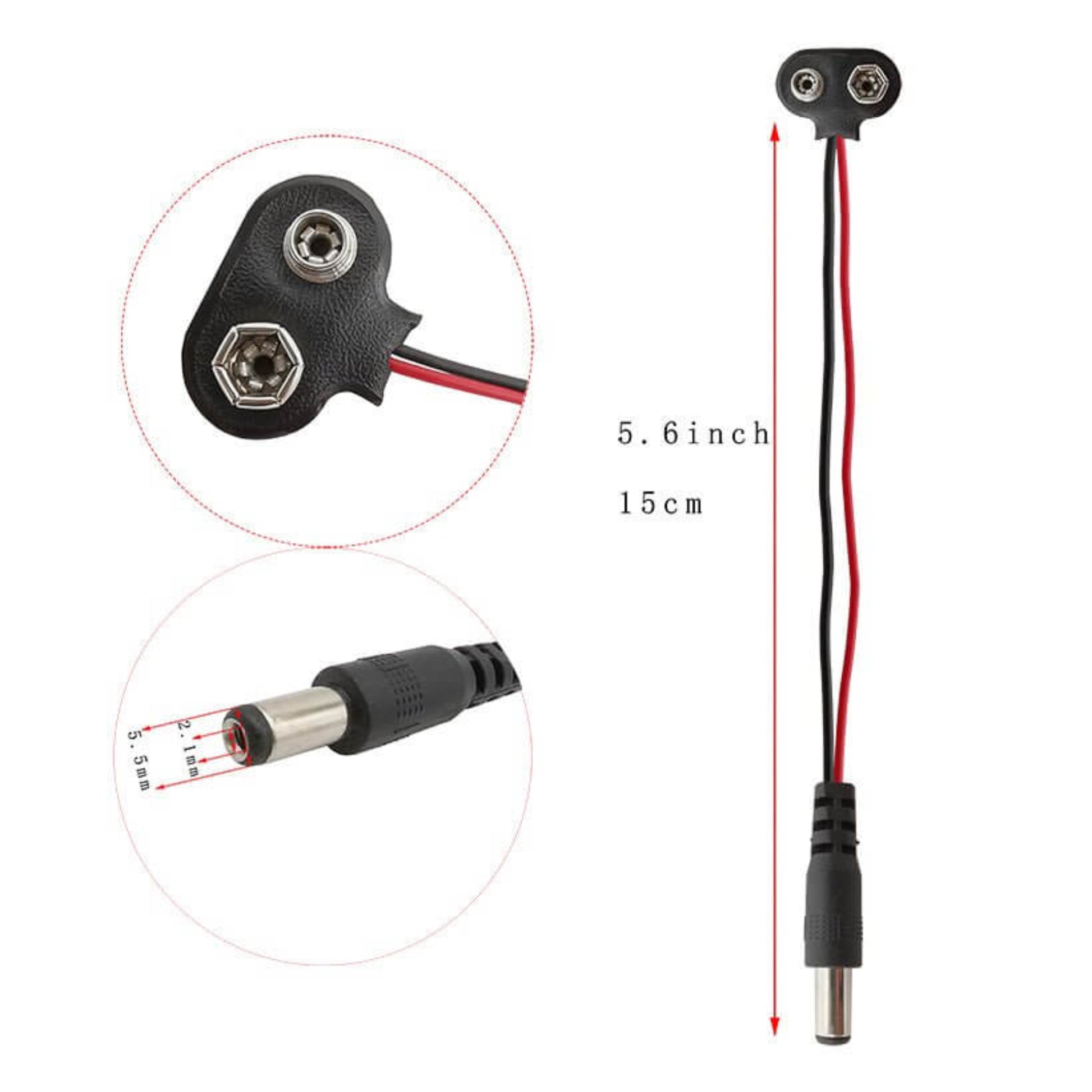 9V battery clip to 2.1mm DC connector cable, 15cm length, ideal for powering DIY electronics projects.