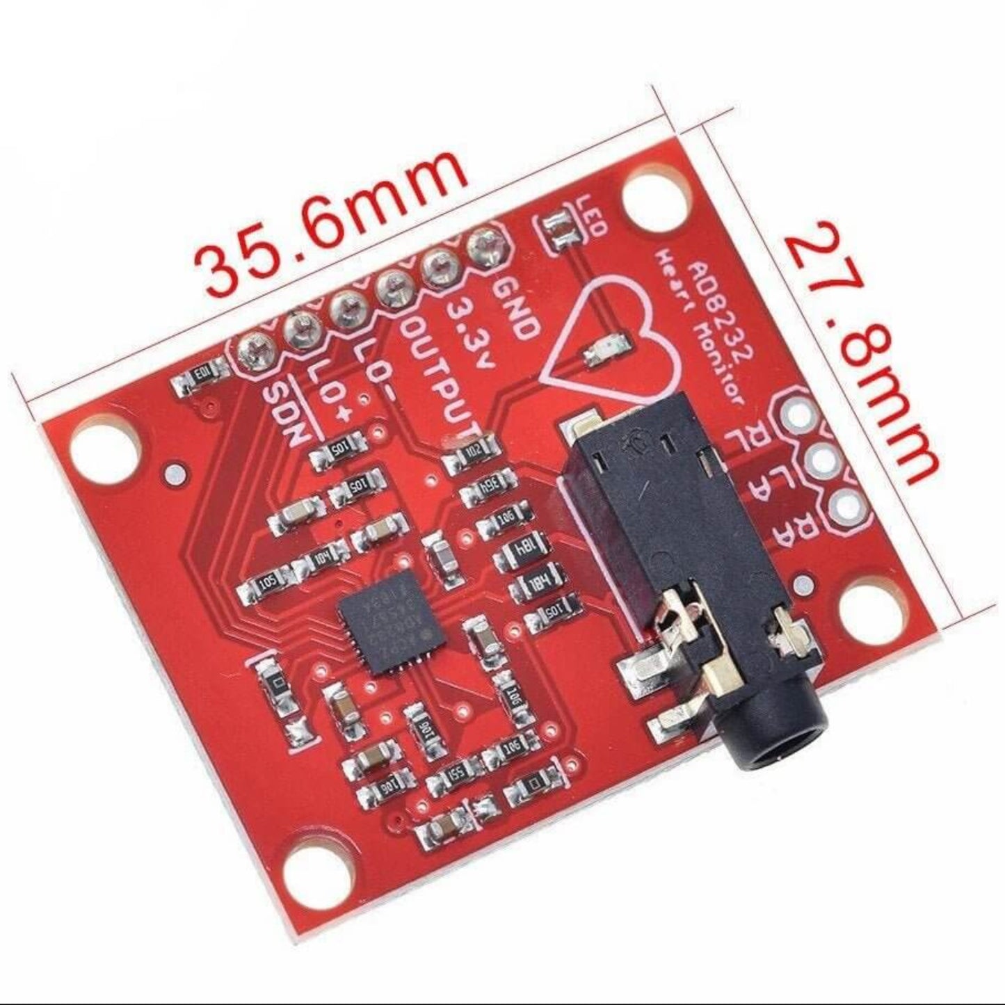 Close-up of the AD8232 ECG monitor module front showing 35.6mm x 27.8mm dimensions, pins, and 3.5mm jack.