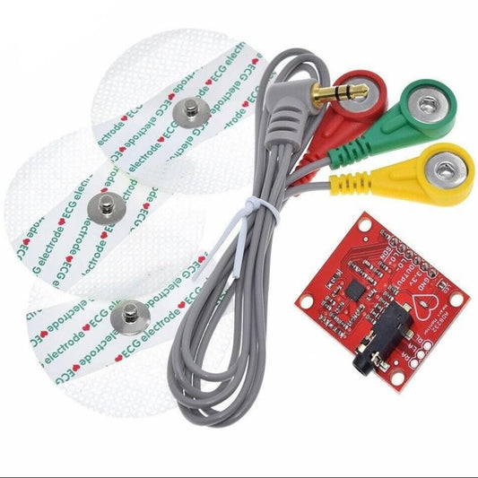AD8232 heart rate monitor module kit, including the main board, three-lead sensor cable, and three ECG electrode patches.