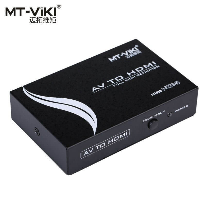 MT-VIKI AV to HDMI converter, compact adapter for converting RCA audio-video to HDMI, supports FHD 720P and 1080P.