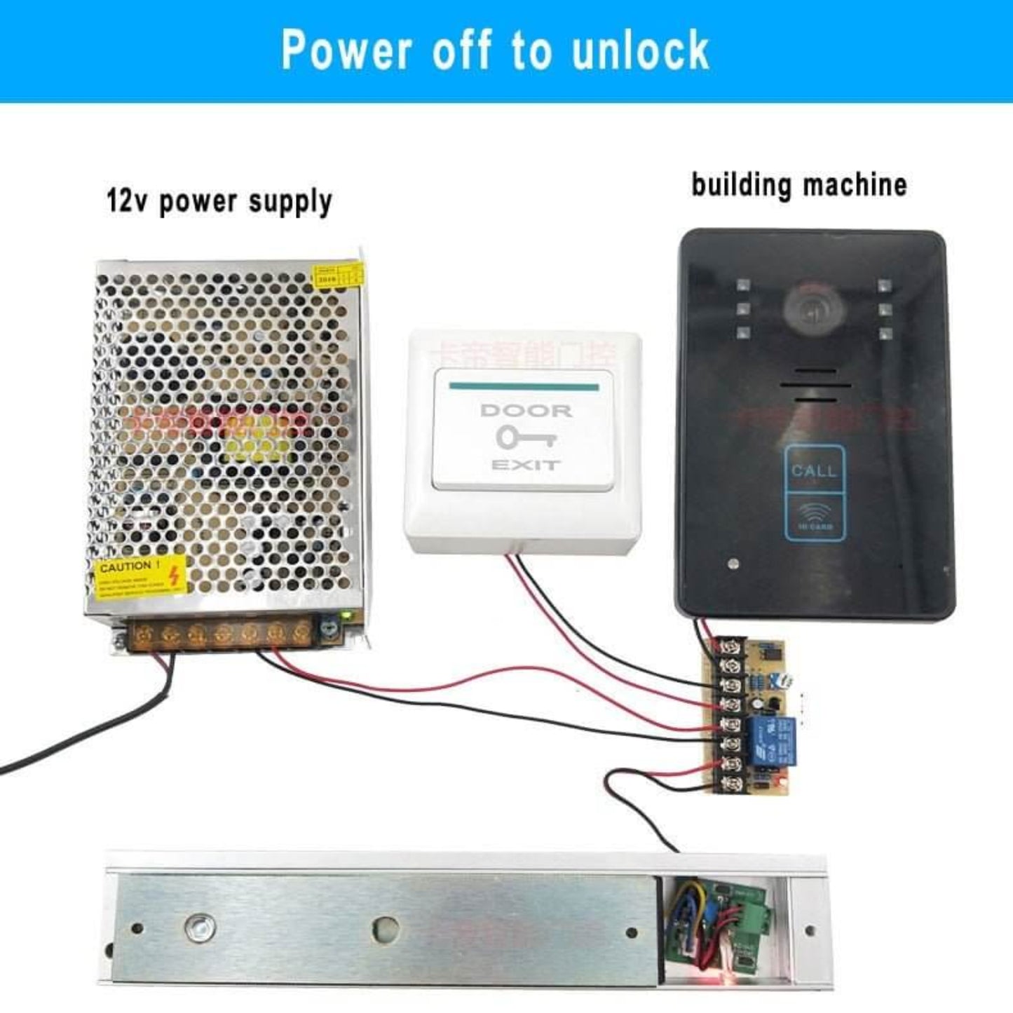 Complete wiring diagram for an access control system showing the 12V power supply, exit button, building machine, and electric lock.