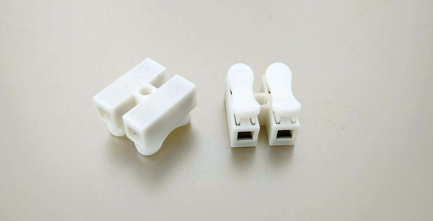 Two types of CH-2 spring clamp terminal blocks in white, ideal for quick electrical wire connections.