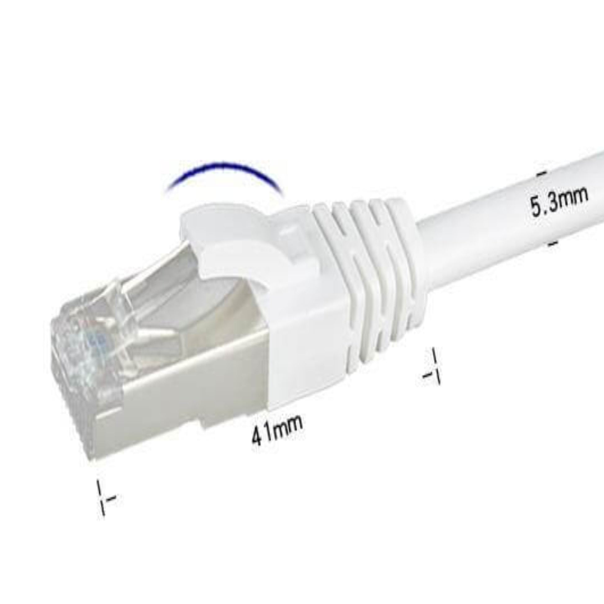 Close-up of a Cat6 RJ45 Ethernet cable connector, highlighting dimensions for high-speed connectivity.