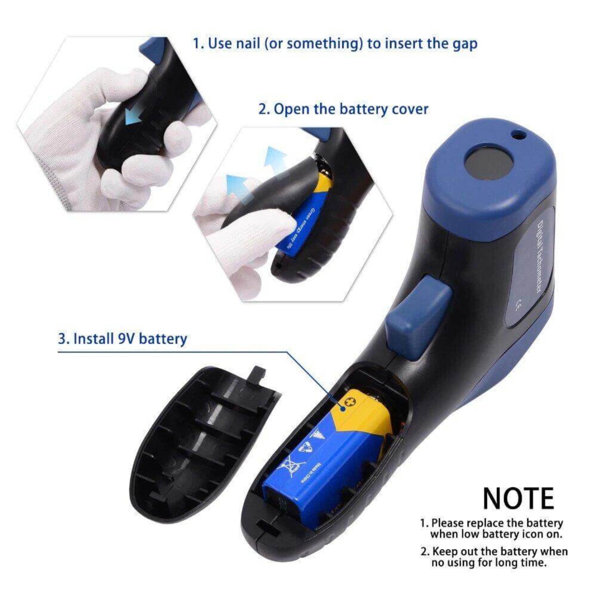 Instructional steps for installing a 9V battery in a digital laser tachometer gun.