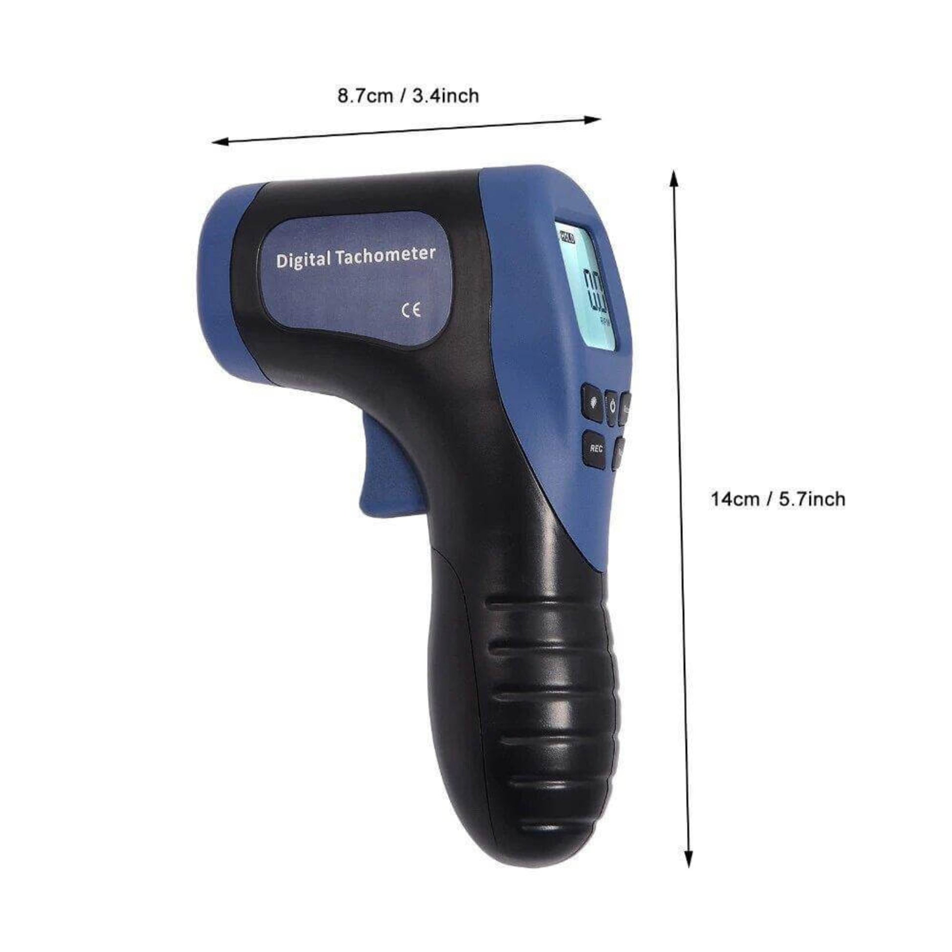 Digital laser tachometer gun with display for measuring RPM, highlighting dimensions of 8.7cm x 14cm.