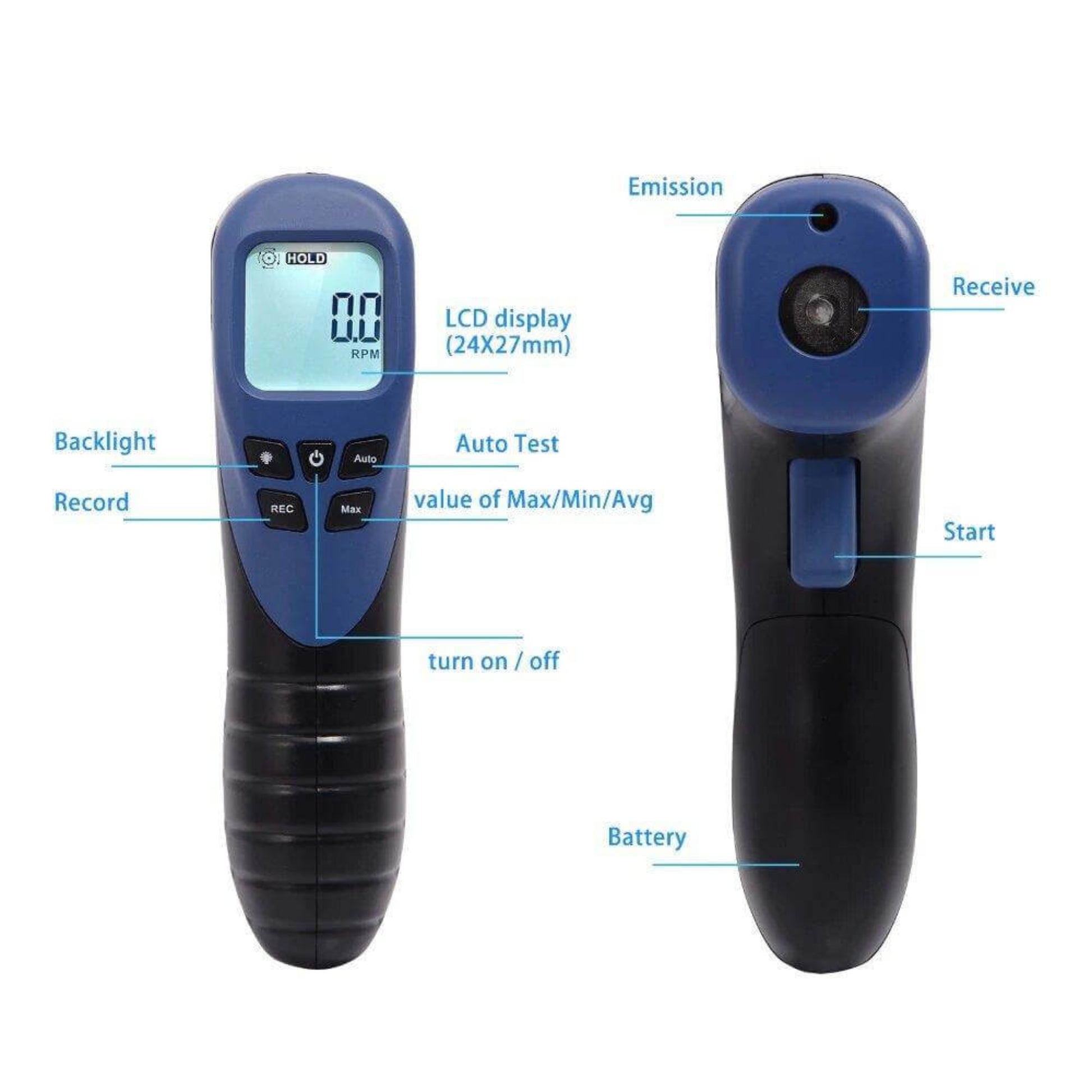 Digital laser tachometer gun with LCD display, buttons, and laser emission for non-contact RPM measurement.