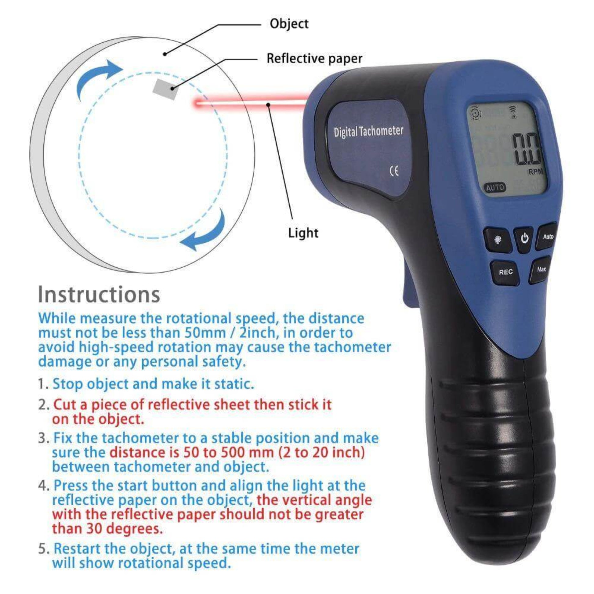 Digital laser tachometer gun measuring RPM with instructions for non-contact detection and use.
