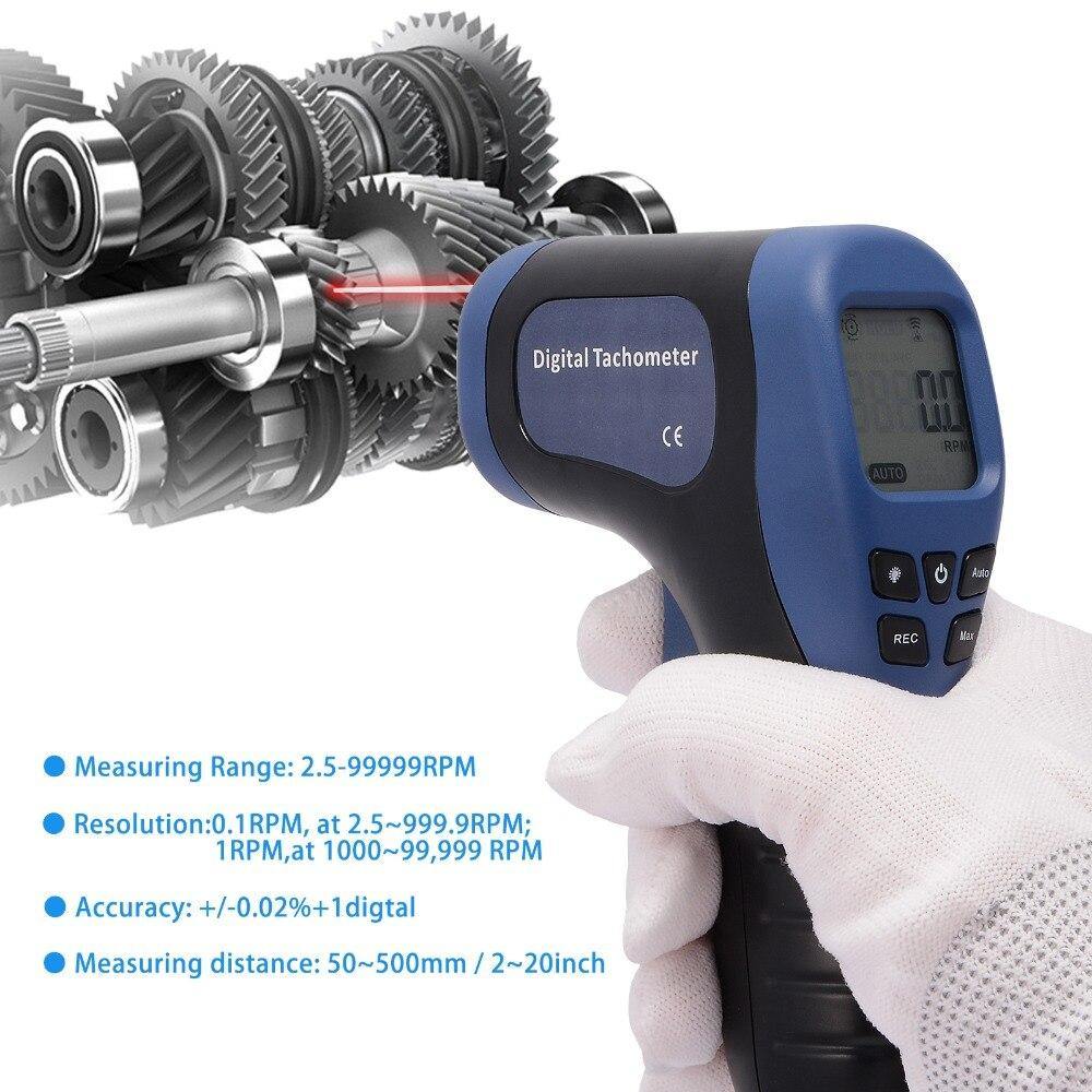 Digital laser tachometer gun measuring the RPM of industrial gears, showcasing its non-contact laser measurement capability.
