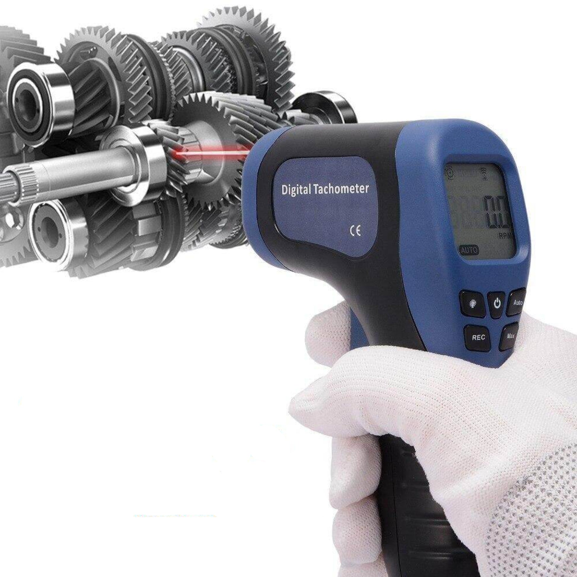 Digital laser tachometer gun measuring RPM with laser targeted on gears, showcasing high precision and wide measuring range.
