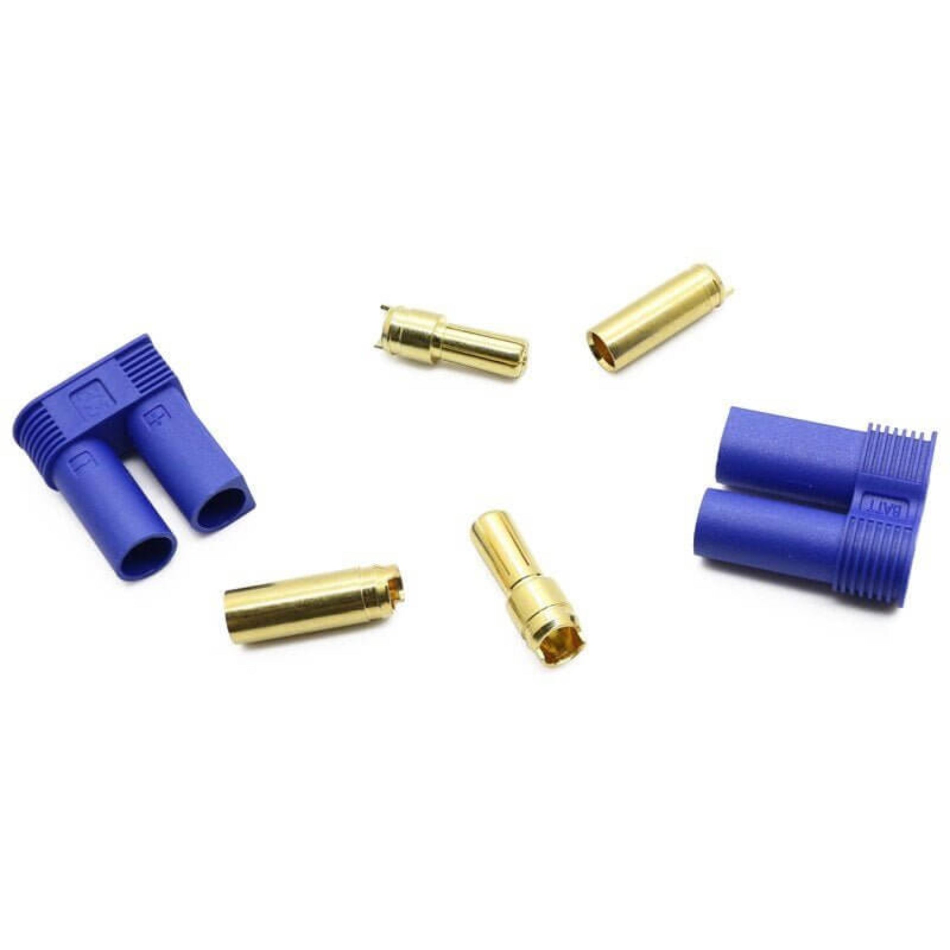 EC5 male and female connector set with blue housings and gold bullet connectors for RC battery charging.