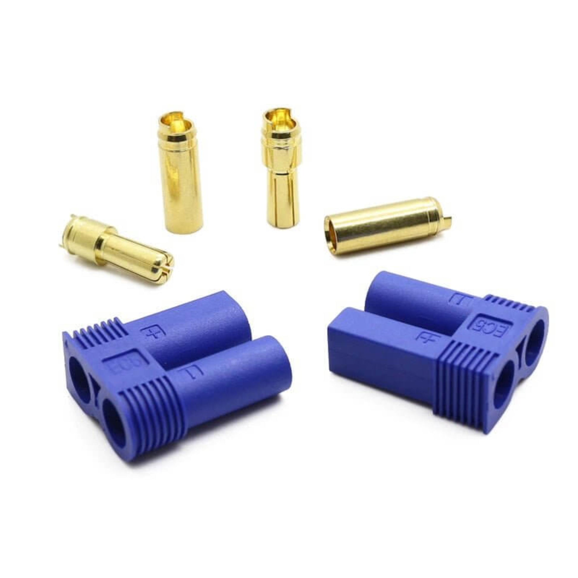 EC5 male/female connector set featuring blue plastic plugs and gold bullet connectors for RC LiPo battery applications.