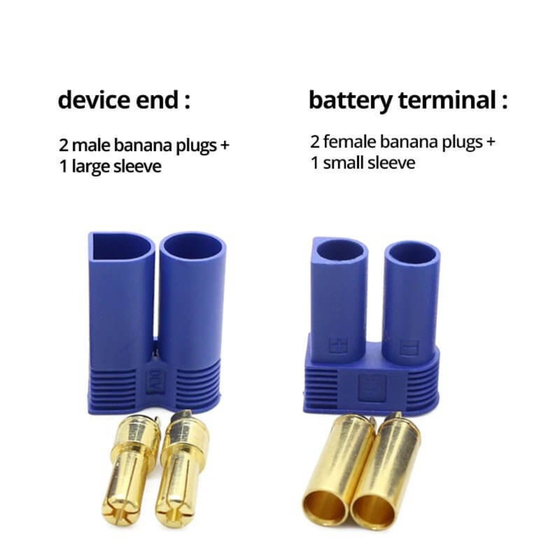 EC5 Male/Female Connector with 2 male banana plugs and 2 female banana plugs for RC battery charging.