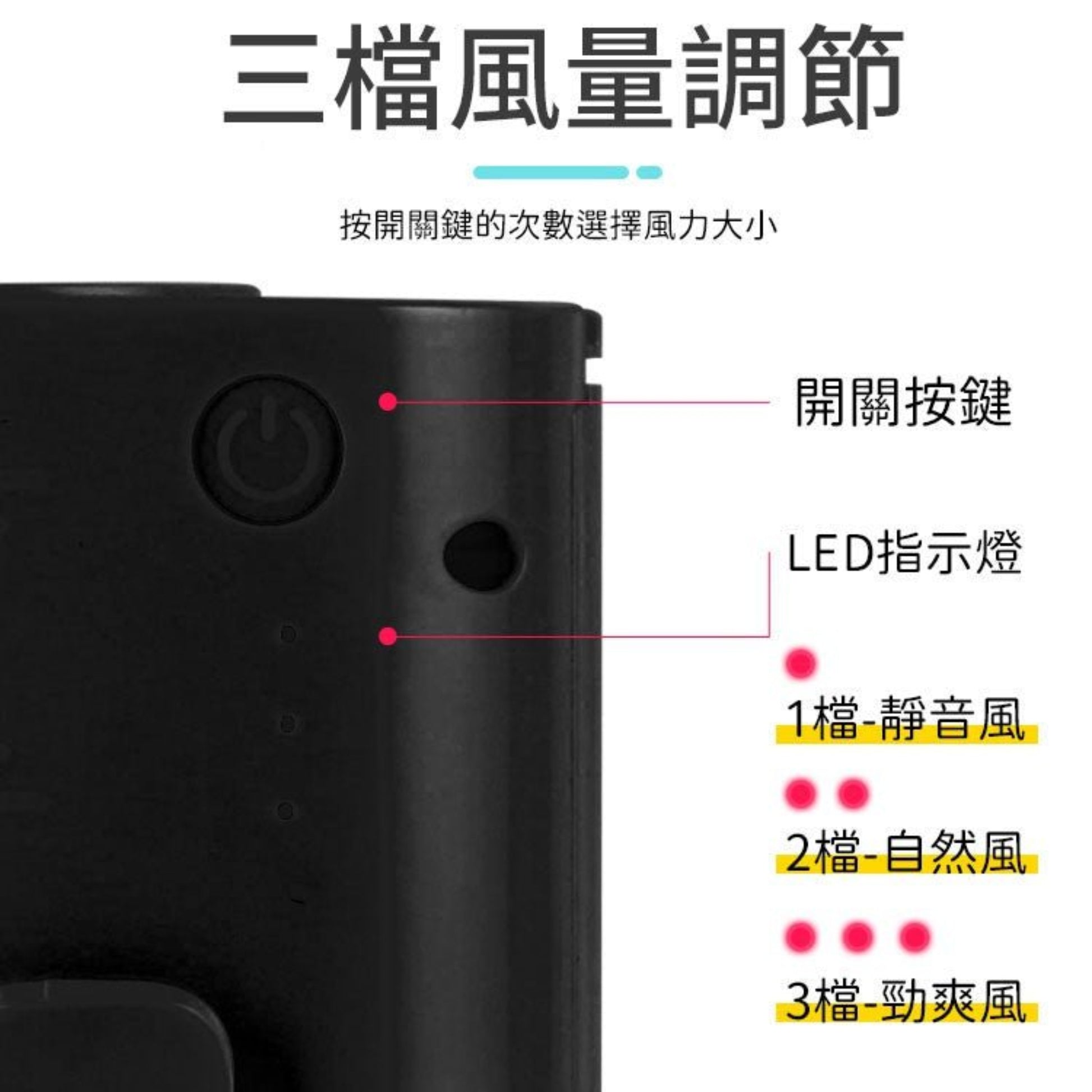 Close-up of F12 Portable Waist Clip Fan controls showing speed settings and LED indicator.