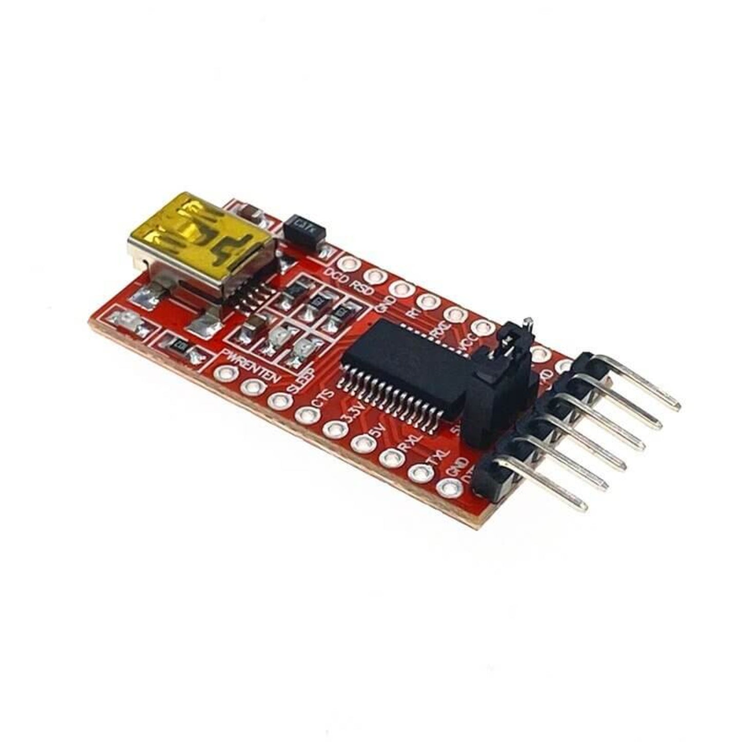 FT232RL FTDI USB to TTL Serial Adapter Module for Arduino, showing USB port and header pins.