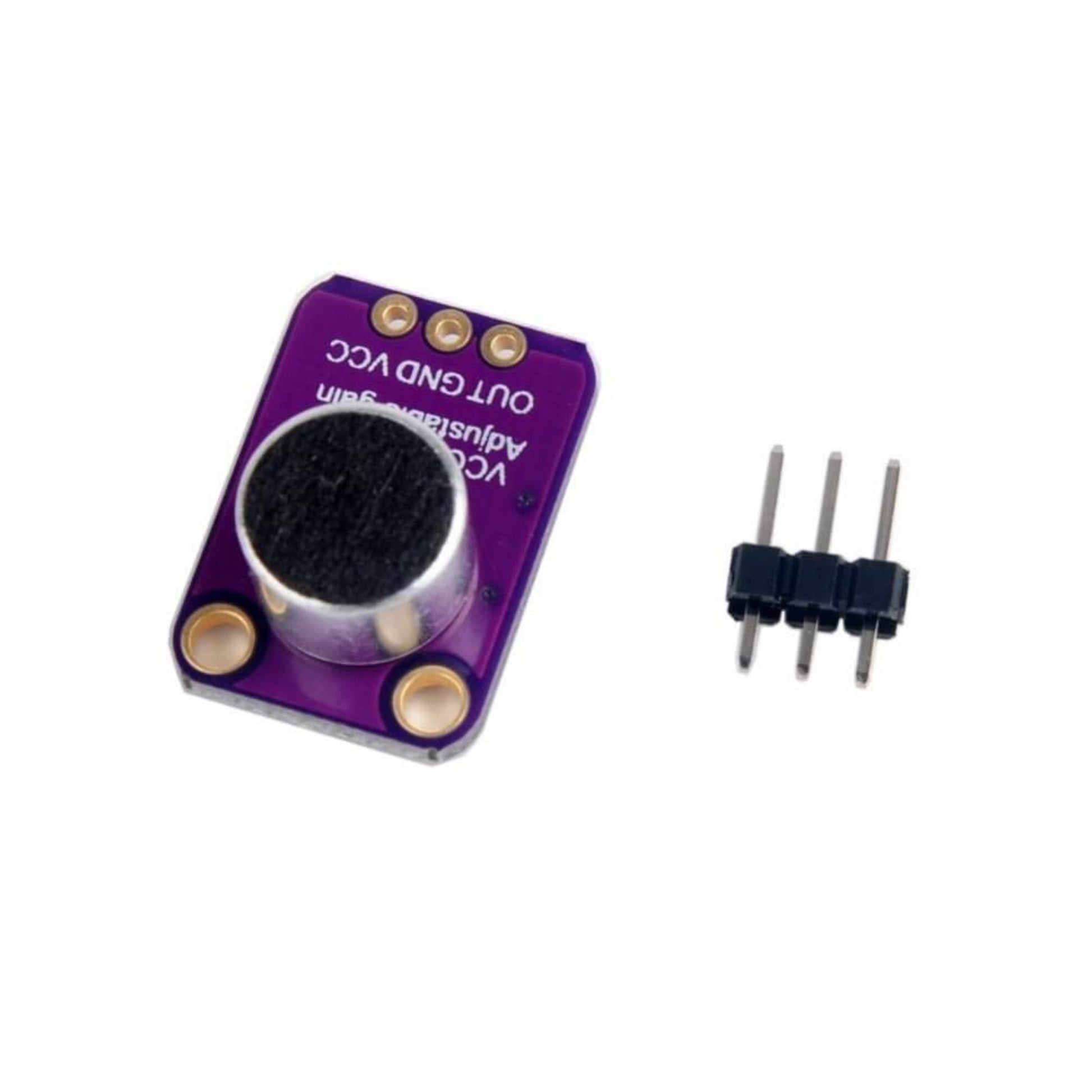 GY-4466 Electret Adjustable Microphone Amplifier Module with microphone and pins on a purple circuit board.
