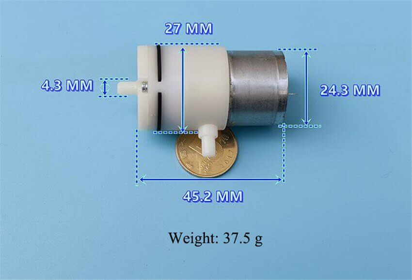 3.7V mini vacuum pump dimensions showing size and weight of 37.5g with a coin for scale.
