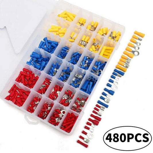 480PCS assorted insulated electrical crimp terminal connectors in a plastic case for easy access and organization.
