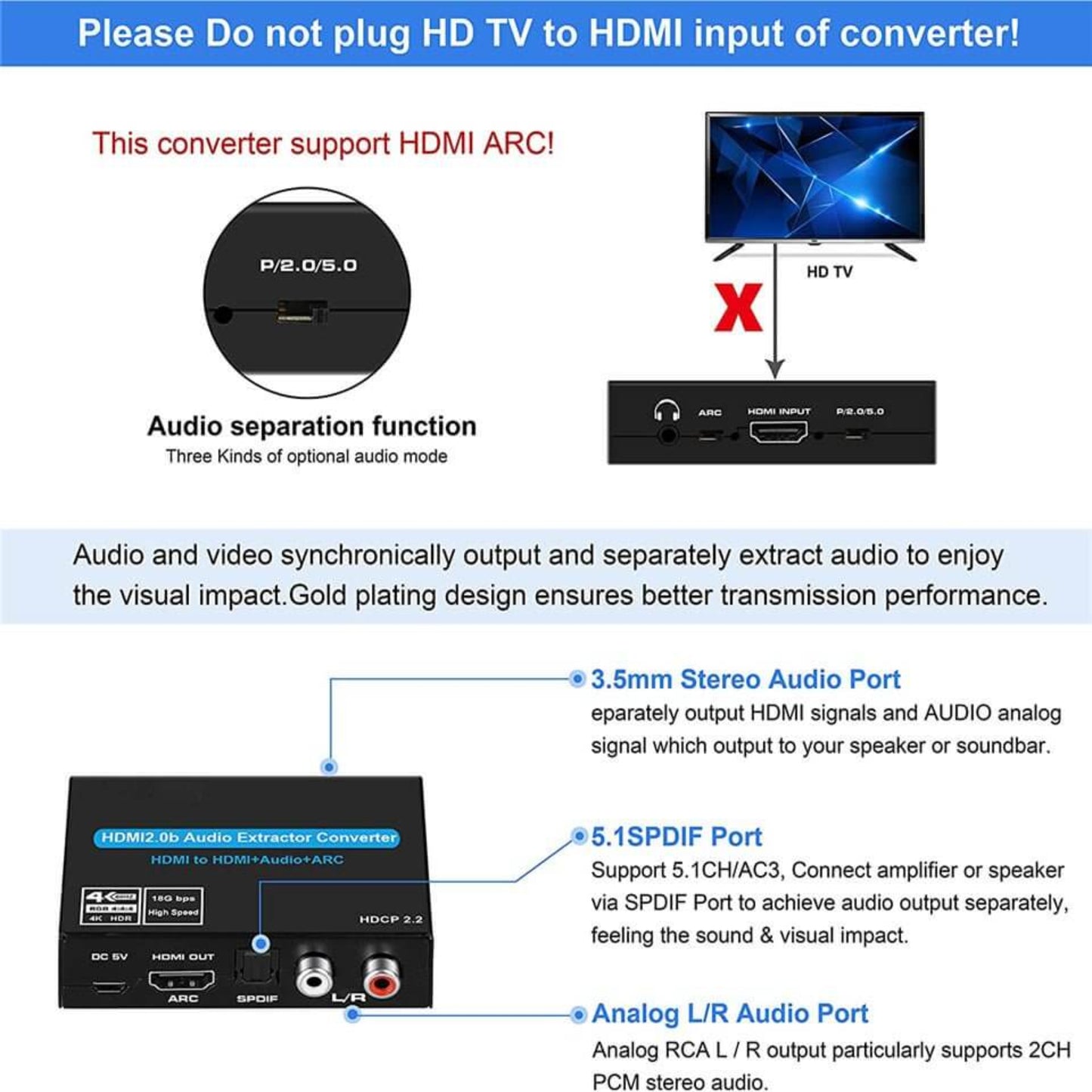 HDMI 2.0 Audio Extractor features with audio separation, 3 port options, and compatibility with HD TV settings.