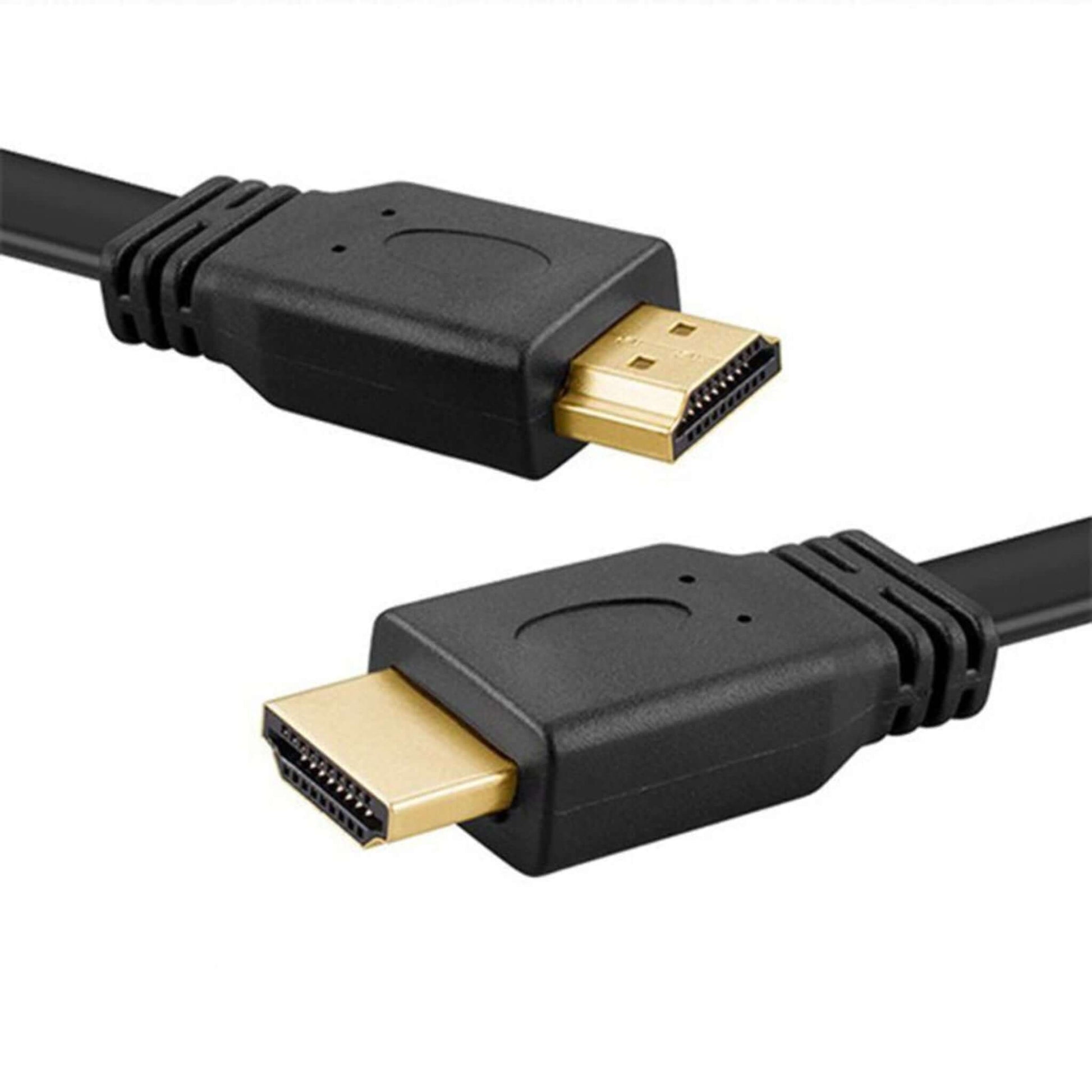 Close-up of a premium HDMI flat cable with gold-plated connectors for superior signal quality.