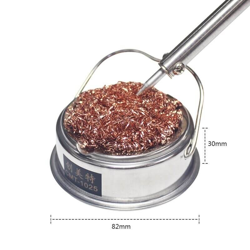CMT-1025 stainless steel soldering iron tip cleaner with copper wire ball for mess-free cleaning.