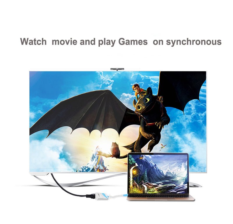USB3.0 to VGA converter displaying movie and games on two synchronized screens.