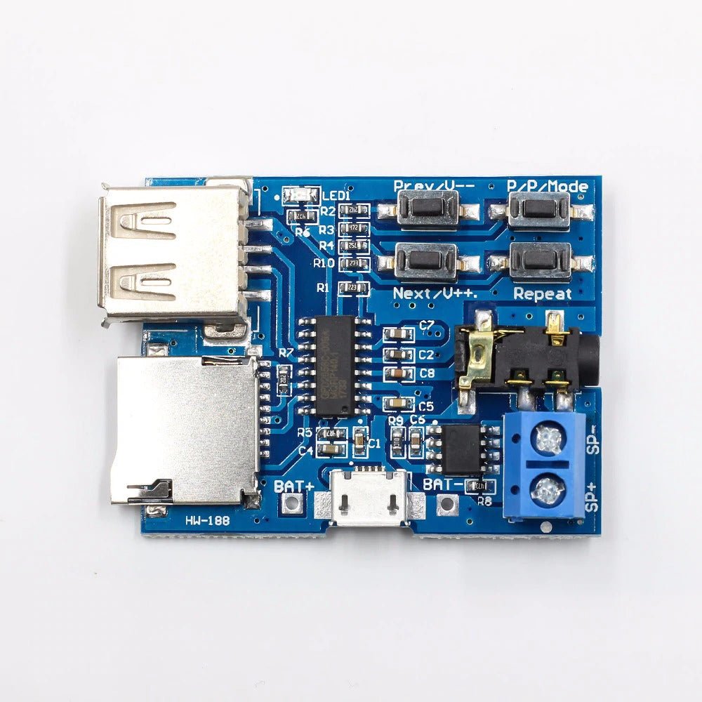 TF Card U Disk MP3 decoder board module with USB, Micro USB, and audio connectors, featuring a blue PCB design.