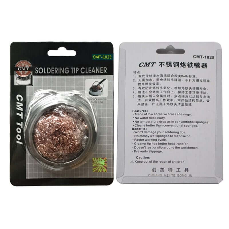 CMT-1025 stainless steel soldering iron tip cleaner with copper wire ball in packaging.