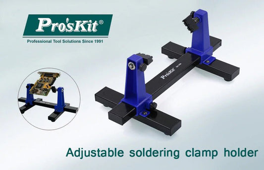 Pro'sKit adjustable soldering clamp holder for PCB repair with 360-degree rotation capabilities.