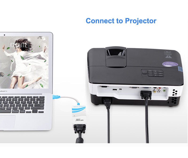 USB3.0 to VGA converter connected to laptop and projector for seamless display.