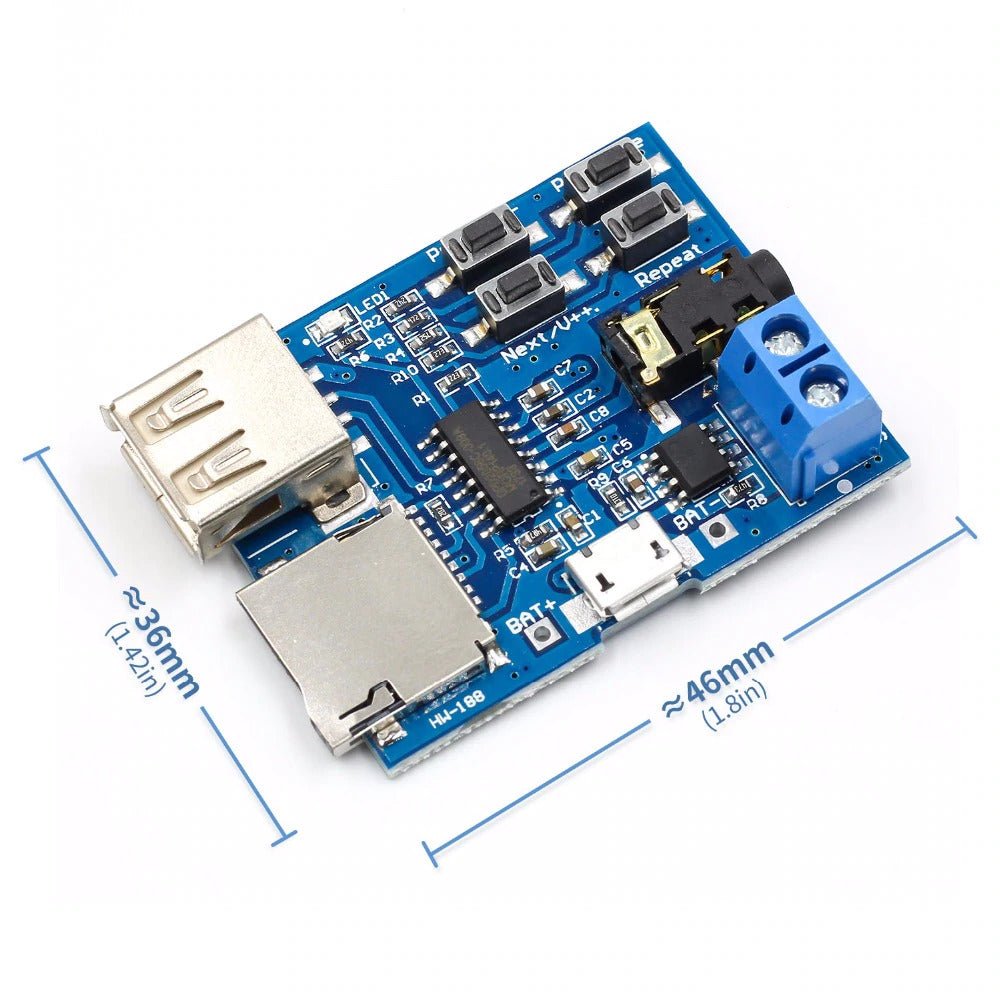 TF Card U Disk MP3 format decoder board module with built-in amplifier and audio ports.