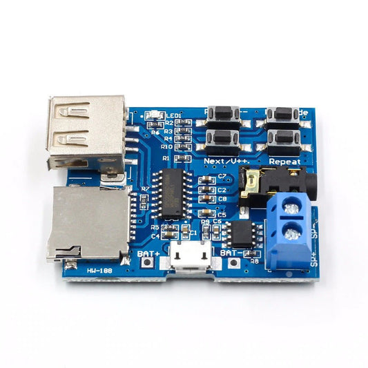 TF Card U Disk MP3 format decoder board module with USB and audio connections.