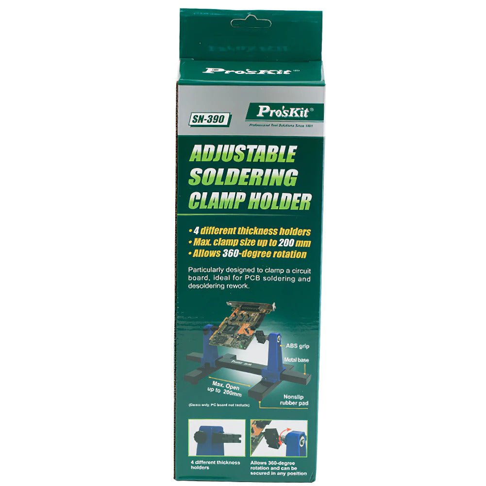 Pro'sKit SN-390 Adjustable Soldering Clamp Holder packaging showcasing features for PCB soldering and rework.